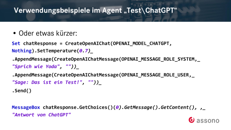 Verwendungsbeispiele im Agent "Test\ChatGPT" (Screenshot)
