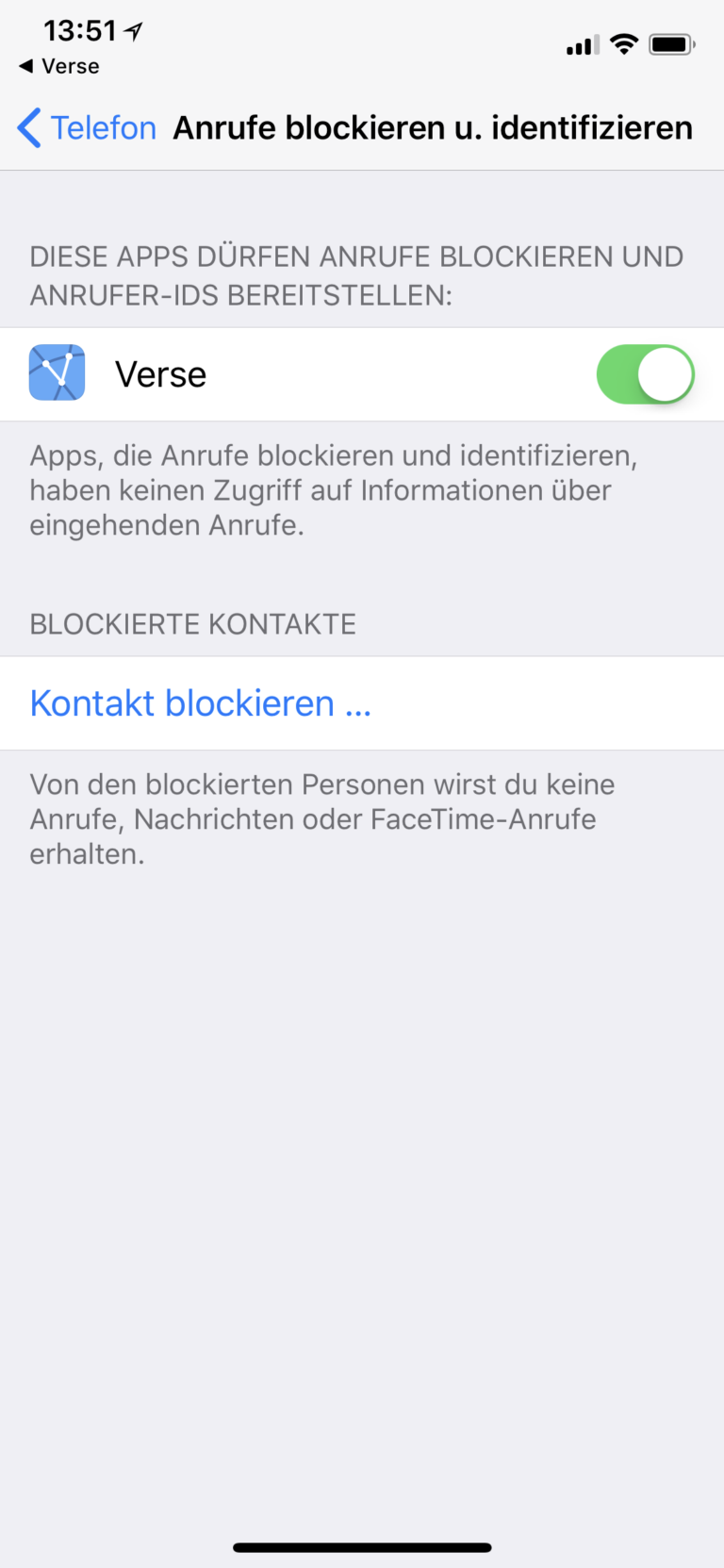 Einstellungen -> Telefon -> Anrufe blockieren u. identifizieren -> IBM Verse Call Directory Extension aktivieren