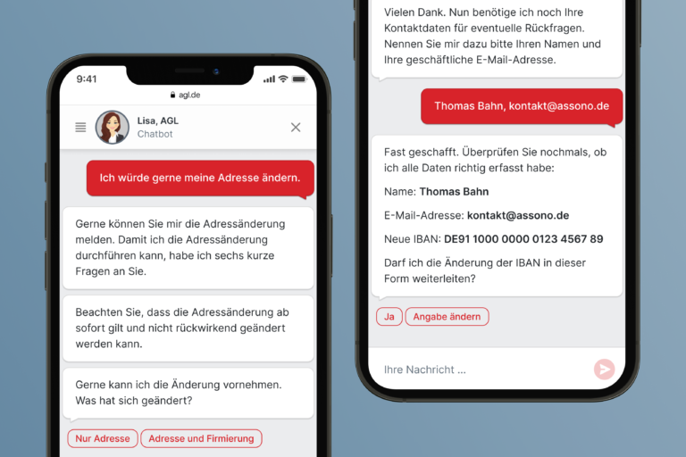 Der assono KI-Chatbot kann an interne Systeme angebunden werden. So kann er beispielsweise über angeschlossene Datenbanken Kundendaten abgleichen. Der assono KI-Chatbot "Lisa" unterstützt die Leasinggesellschaft AGL zum Beispiel dabei, Änderungswünsche in den Stammdaten der Kunden aufzunehmen.
