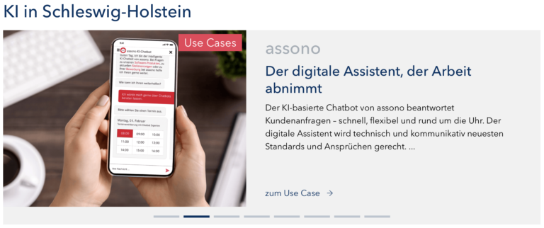 Der assono KI-Chatbot wird als einer von mehreren spannenden KI Use Cases in Schleswig Holstein vorgestellt.