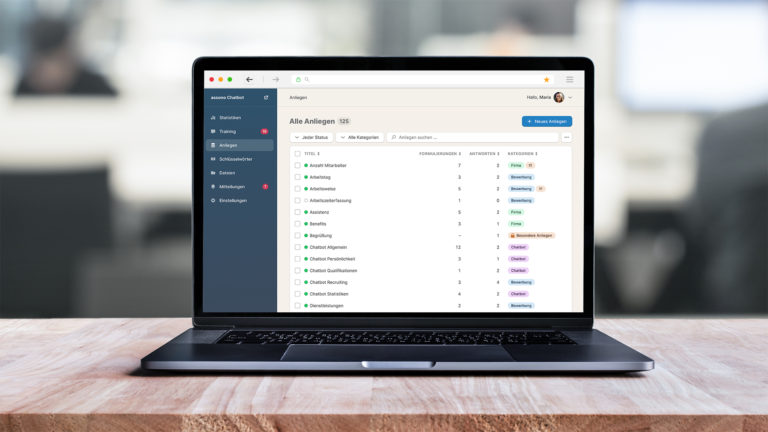 Über das assono Chatbot-Dashboard können ganz einfach neue Fragen ergänzt werden.