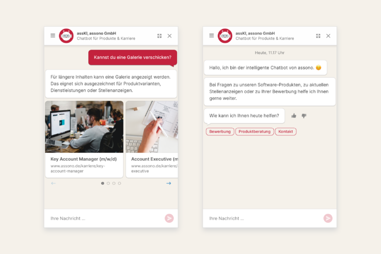 Für längere Inhalte kann der assono KI-Chatbot eine Galerie anzeigen. Antwortvorschläge für den Nutzer werden ab sofort direkt im Antworttext dargestellt.