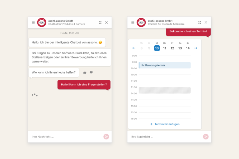 In der neuen Titelleiste des assono KI-Chatbots wird neben dem Namen des Chatbots auch das Unternehmen genannt.