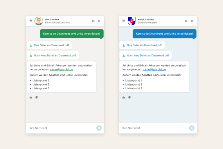 Das Chatfenster des assono KI-Chatbots kann farblich ganz einfach an die Wünsche des Kunden angepasst werden.