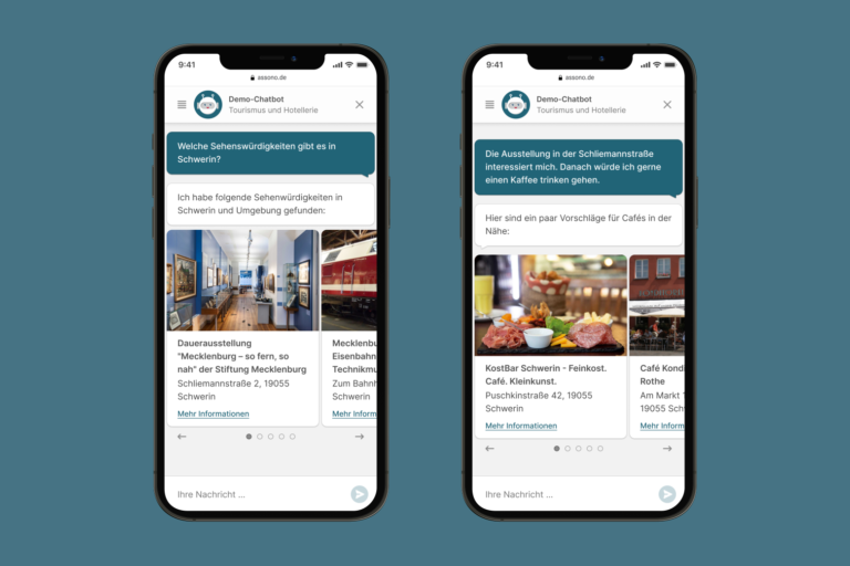Ein Chatbot kann auch Bilder, zum Beispiel als Galerie, anzeigen. Hier zeigt er dem Benutzer verschiedene Points of Interest in der Nähe an.