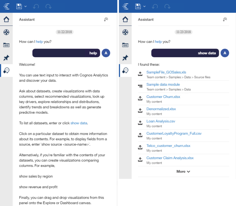AI Assistant Befehle "help" und "show data"