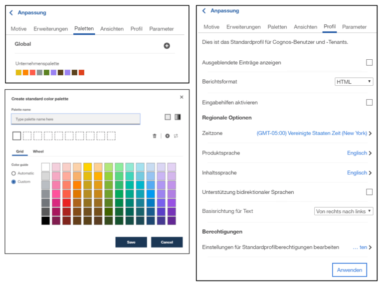 Während unter "Profil" die Standardeinstellungen für die Cognos Nutzer, wie beispielsweise das Berichtsformat, die Zeitzone, Produktsprache usw., definiert werden können, werden unter "Paletten" eigendefinierte Farbpaletten gespeichert, die dann für die Nutzer zur Verfügung stehen.