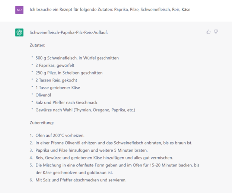 Schnelle Rezepte für die verfügbaren Zutaten durch ChatGPT. [1]