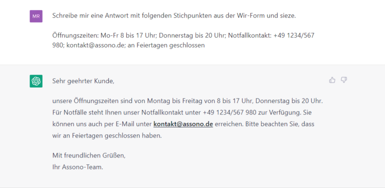 Nach Übermittlung von Stichpunkten und Sprachstil generiert ChatGPT eine passende Antwort. [2]