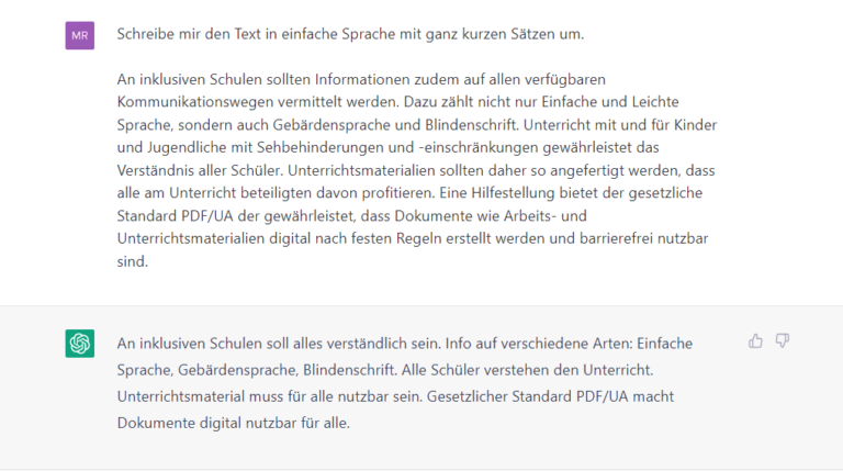 ChatGPT ermöglicht das Umschreiben von Texten in einfache Sprache. [2]