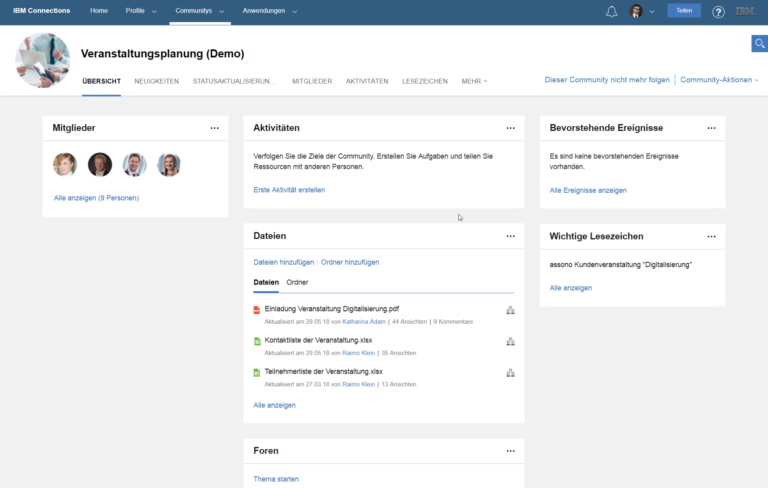Darstellung einer Community in IBM Connections im modernen Layout, das individuell angepasst werden kann.
