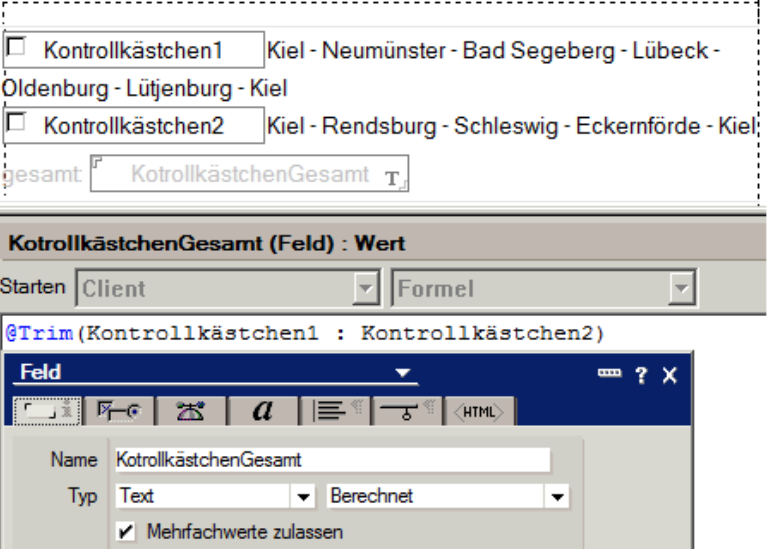 Einstellungen Kontrollkästchen mit Zeilenumbruch Zusammenfassung in ein einziges Feld
