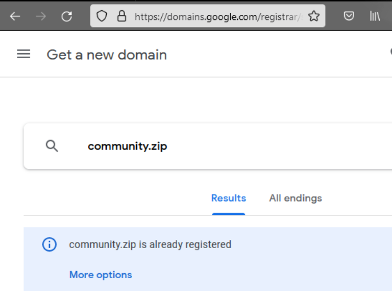 Die oben gezeigte Domäne community.zip ist übrigens bereits registriert; wie auch archiv.zip oder 42.zip, der Name einer bekannten Archivbombe