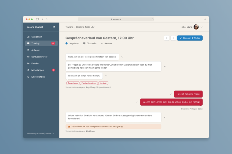 Im assono Chatbot-Dashboard können alle geführten Gespräche eingesehen werden, um den Chatbot stetig zu verbessern.