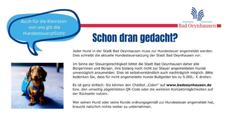 Der Flyer für die Hundebestandsaufnahme wurde an alle Haushalte der Stadt Bad Oeynhausen gesendet. Quelle: Stadt Bad Oeynhausen.