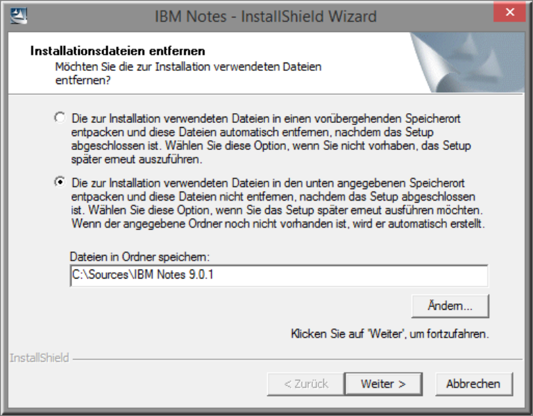 Entpacken der Installations-Daten für unsere weiteren Zwecke