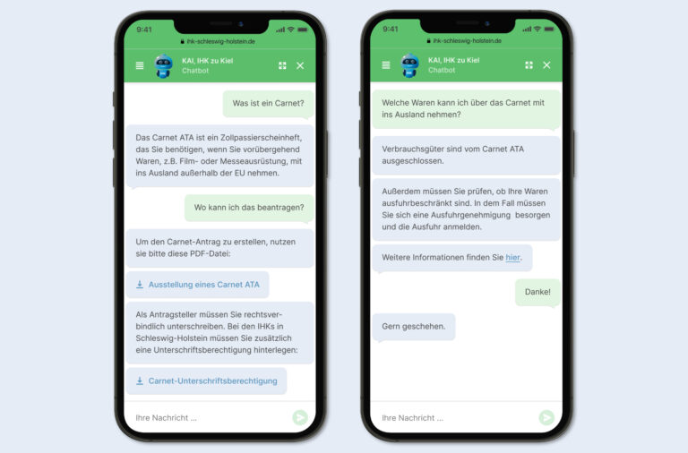 Beispieldialog: Chatbot KAI der IHK zu Kiel beantwortet Fragen rund um den Außenhandel. Er erklärt Begriffe oder kann Kosten von Formularen heraussuchen.