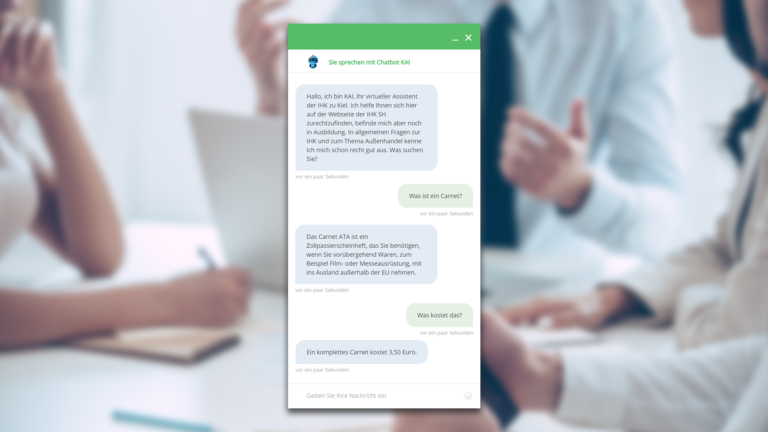 Viele Fragen rund um den Außenhandel kann KAI bereits beantworten. Er erklärt Begriffe oder kann Kosten von Formularen heraussuchen. Bei längeren Dialogen merkt er sich sogar den Kontext des Gespräches.