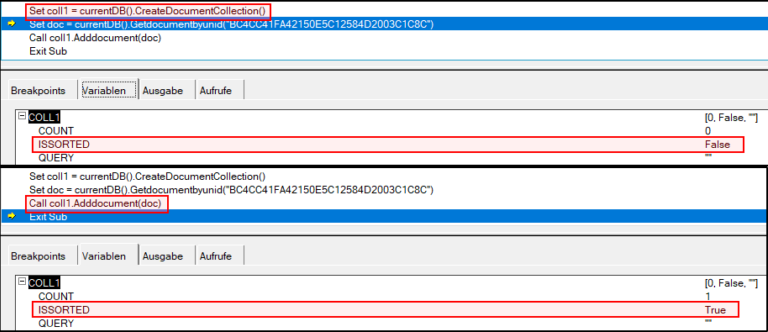 Eine leere NotesDocumentCollection hat die Eigenschaft IsSorted = False. AddDocument setzt allerdings IsSorted auf True.