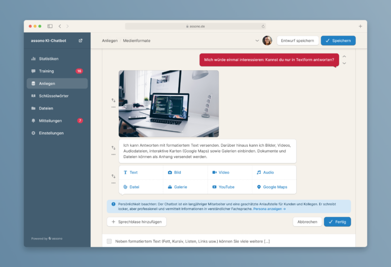 Mit nur wenigen Klicks neue Anliegen hinzufügen: Durch das assono Chatbot-Dashboard kann Ihr Chatbot schnell und intuitiv trainiert werden.