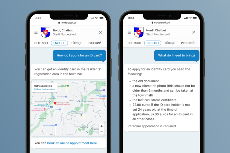 Chatbot „Nordi“ hilft Bürgerinnen und Bürgern der Stadt Norderstedt bei Fragen rund um die Verwaltung, z.B. bei der Anmeldung im Einwohnermeldeamt. Damit Bürgerinnen und Bürger mit unterschiedlichen Muttersprachen mit dem Chatbot kommunizieren können, setzt die Stadt Norderstedt auf eine automatische Übersetzung.