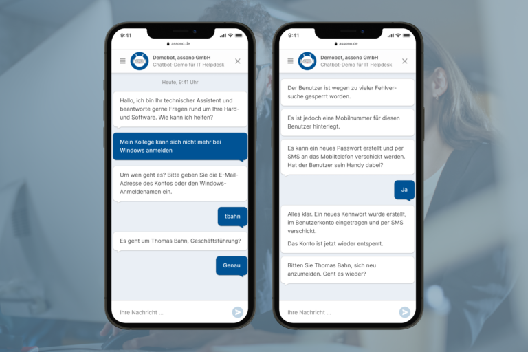 Wenn Mitarbeiter mit Problemen wie z.B. Schwierigkeiten beim Einloggen konfrontiert werden, sind sie nicht auf eine Antwort des IT-Supports angewiesen. Über den Chatbot erhalten sie eine sofortige Hilfe, um eigenständig eine Lösung zu finden.