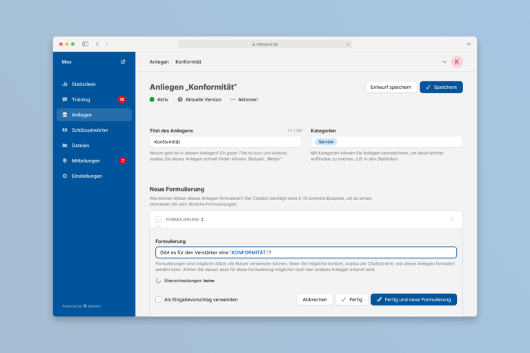 Über das assono Chatbot-Dashboard kann der Chatbot schnell und intuitiv ohne IT-Kenntnisse trainiert werden.