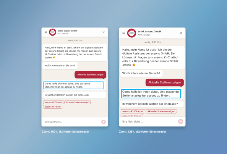 Beispiel für eine barrierefreie Chatoberfläche: Abgebildet ist ein aktivierter Screenreader (blauer Kasten) sowie die Möglichkeit, sich den Chat mit vergrößerter Schrift anzeigen zu lassen.
