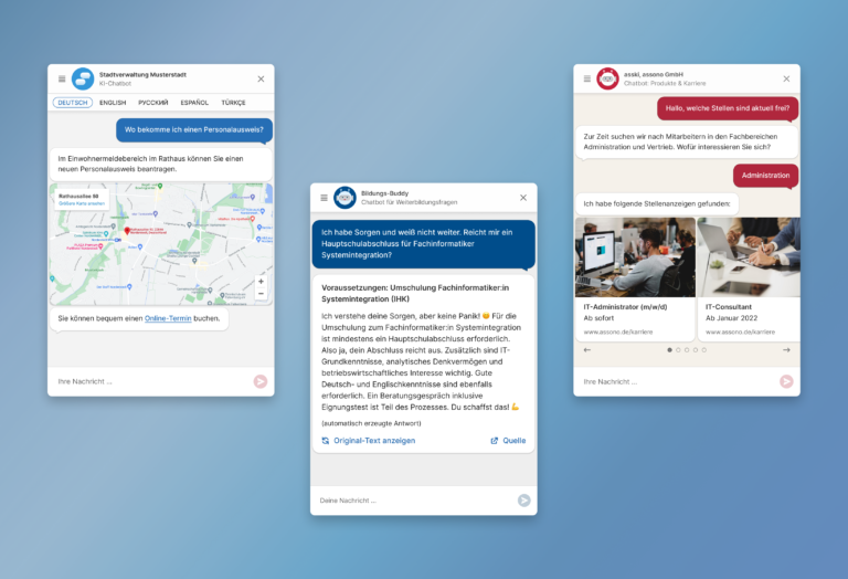 Bei assono entwickeln wir individuelle Lösungen für unsere Kunden. Die Vielfalt unserer Chatbot-Projekte zeigt sich dabei sowohl in Inhalt und Sprache als auch im Design.
