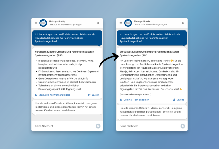 Informationen aus angebundenen Datenbanken bilden die Grundlage. Das LLM generiert daraus eine Antwort angepasst an den Stil der Chatbot-Persona.