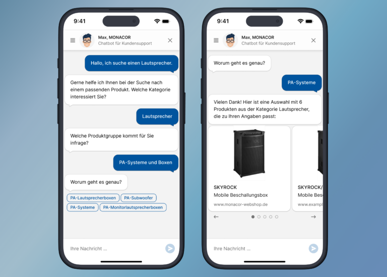 Max stellt intuitive Rückfragen und zeigt am Ende der Produktsuche eine Galerie an.