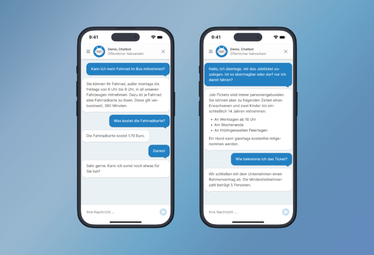 Beispiel: Der Chatbot kann wiederkehrende Fragen von Fahrgästen, wie zu Fahrradmitnahmen oder Tarifen, beantworten.