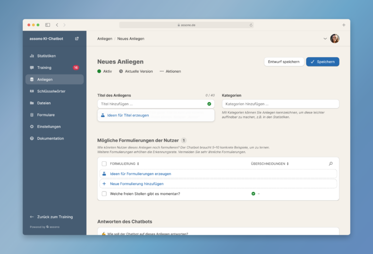 Ideen für Titel und Formulierungen können nun automatisch im Chatbot-Dashboard generiert werden.