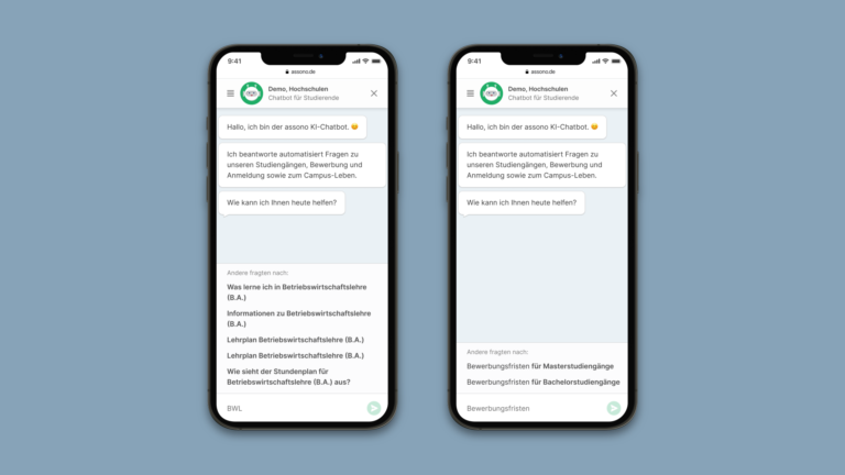 Der Chatbot zeigt während des Tippens Eingabevorschläge an, die auf ausgewählten Trainingsdaten des Chatbots beruhen.