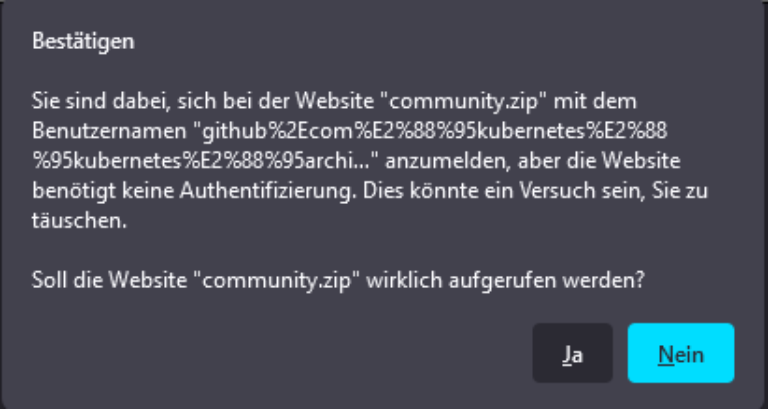 Warnung, beim Aufruf einer gespooften URL. Man beachte auch die Zeichen, die an Stelle des Forward Slash "/" angezeigt werden (Punycode)
