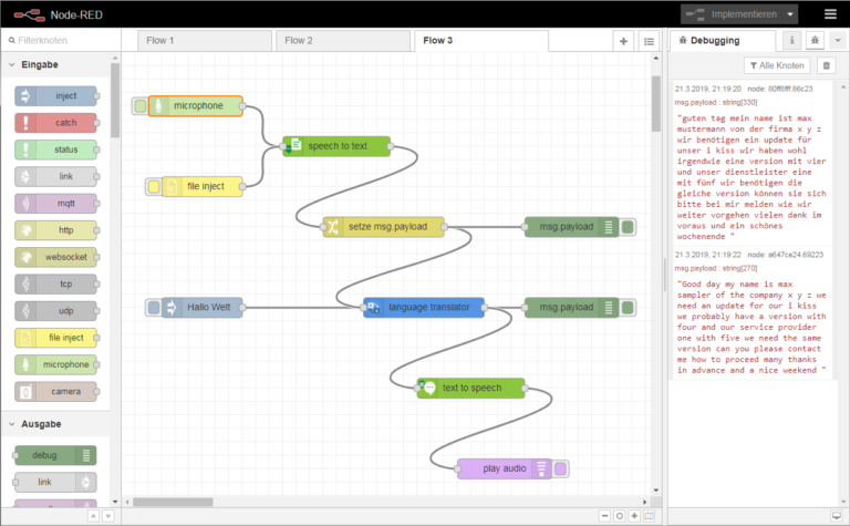 Node-RED-Flow mit Speech-to-Text - Translator - Text-to-Speech
