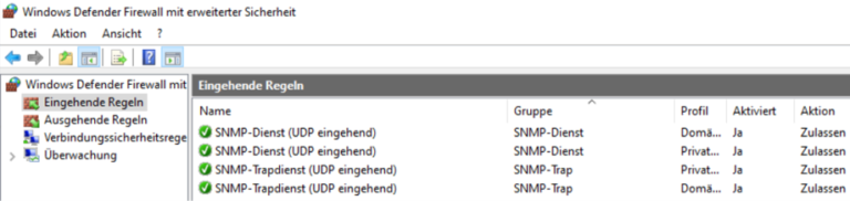 In der Windows Defender Firewall die vordefinierten Regeln für den SNMP-Dienst und SNMP-Trapdienst nach den eigenen Anforderungen konfigurieren und aktivieren.