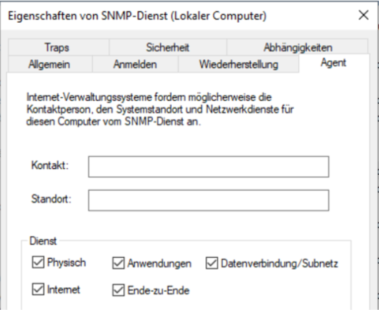 In den Eigenschaften des SNMP-Dienstes im Reiter Agent unten im Abschnitt "Dienst" die gewünschten Häkchen setzen.