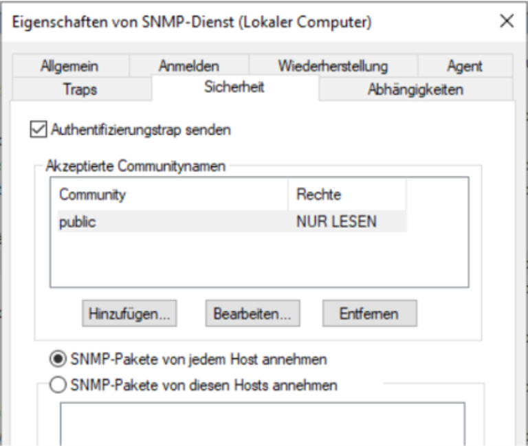 Immer noch bei den Einstellungen des SNMP-Dienstes, jetzt im Reiter Sicherheit mindestens eine Community erstellen und definieren, von wo eingehende SNMP-Anfragen angenomen werden sollen.