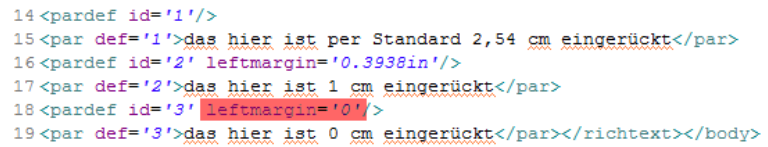 Am Beispiel von Textabsätzen: Im DXL gibt man ﻿leftmargin='0' ein, damit der Absatz ganz an den linken Rand rutscht. Man sieht am ersten Absatz, dass bei fehlendem leftmargin-Attribut der Default-Wert '1in' verwendet wird.
