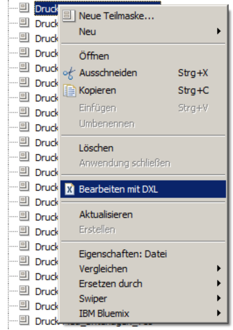 Im Domino Designer kann man Gestaltungselemente im Anwendungsbaum per Rechtsklick mit DXL bearbeiten.
