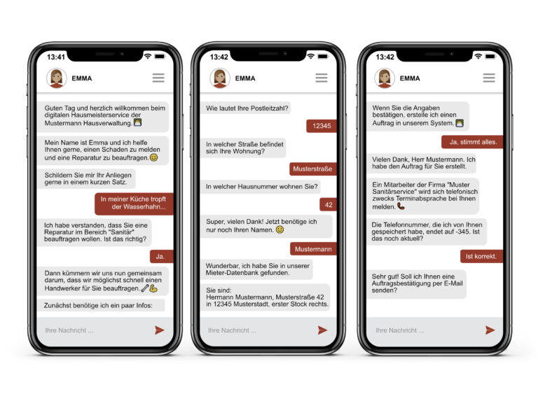 Ein Chatbot für Schaden- und Störungsmeldung erkennt die Anliegen Ihrer Kunden oder Mieter, nimmt Daten auf und leitet die nächsten Schritte zur Problemlösung ein.