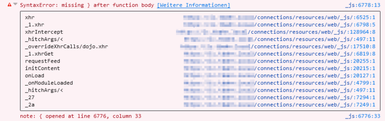 In der Entwickler-Konsole des Browsers erscheint ein Fehler: missing } after function body