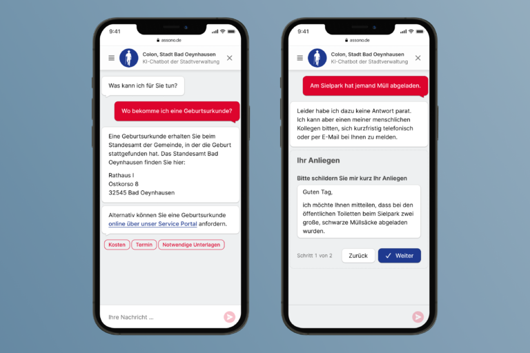 Der Chatbot beantwortet viele Standardfragen automatisch. Wenn er mal nicht weiter weiß, wird eine direkte Kontaktmöglichkeit zu Mitarbeitenden der Stadtverwaltung angeboten.