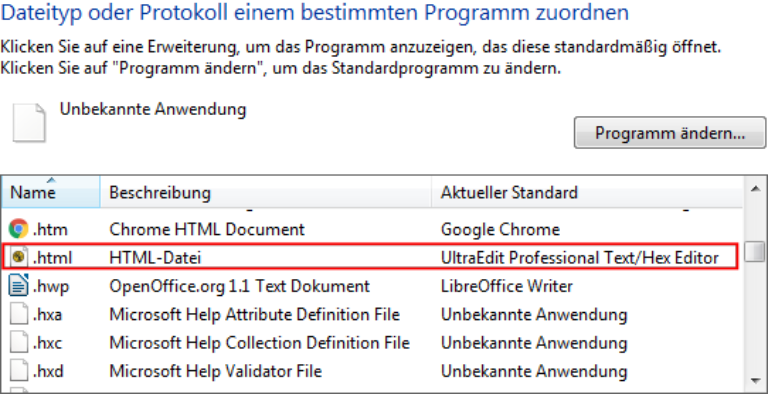 Standardprogramme - Dateiendungen - HTML - UltraEdit ist eingetragen als Standardprogramm