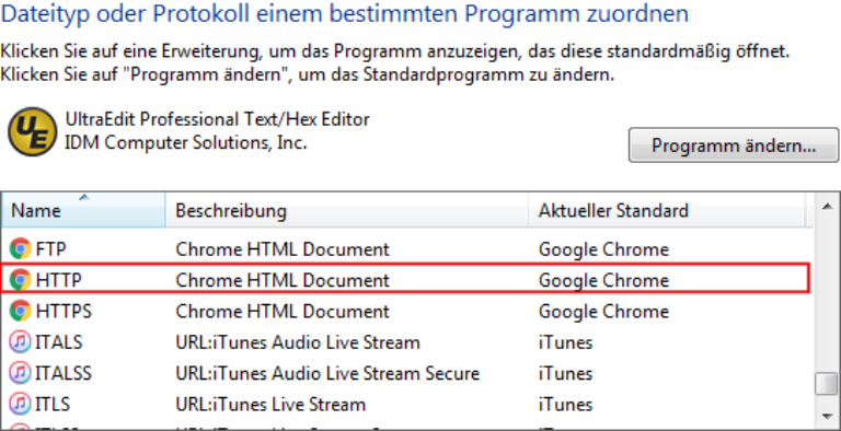 Standardprogramme - Protokolle - HTTP - Google Chrome ist eingetragen