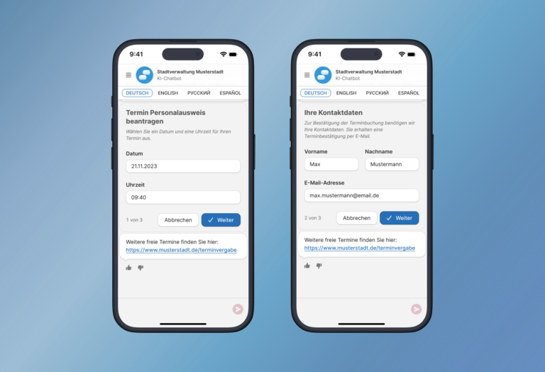 Über die Formularfunktion des Chatbots können Termine vereinbart werden.