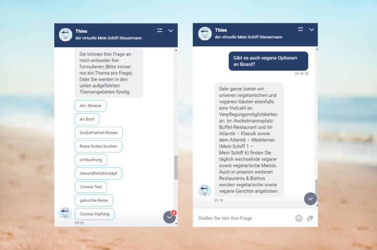 Der Chatbot Thies von TUI Cruises unterstützt seine Nutzer bei der Buchung und beantwortet alle Fragen rund um "Mein Schiff".
