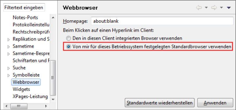 Vorgaben - Webbrowser - Standardbrowser ist ausgewählt