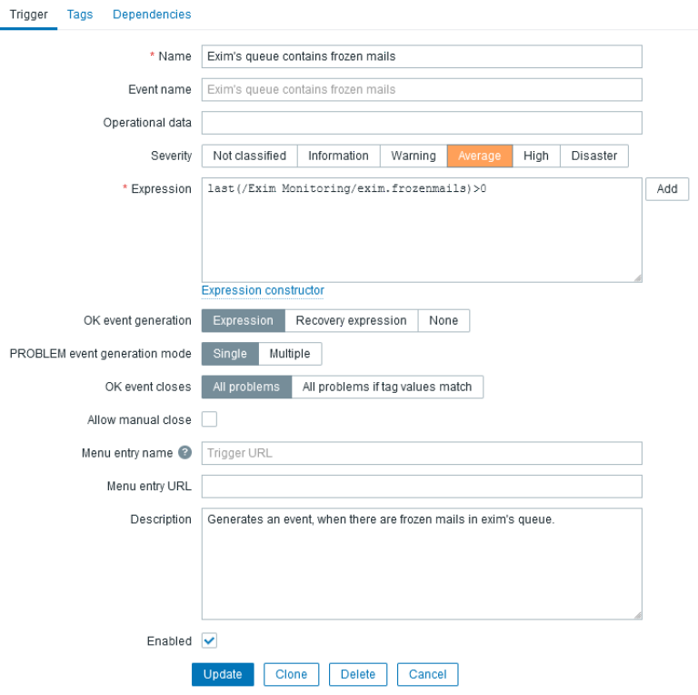 Template "Exim Monitoring" - Trigger "Exim's queue contains frozen mails"